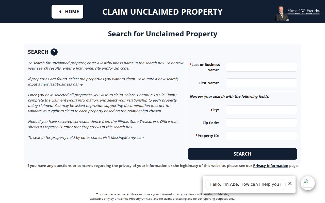 Illinois I-CASH search fields for name city ZIP and property ID