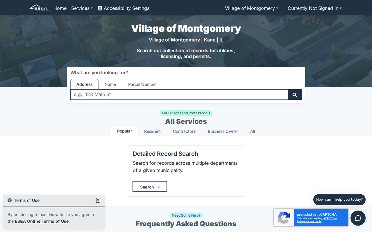 Village of Montgomery municipal record search by address name and parcel