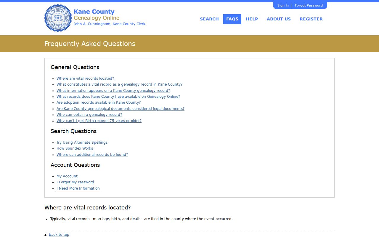 Kane historical vital record fields for Montgomery genealogy searches