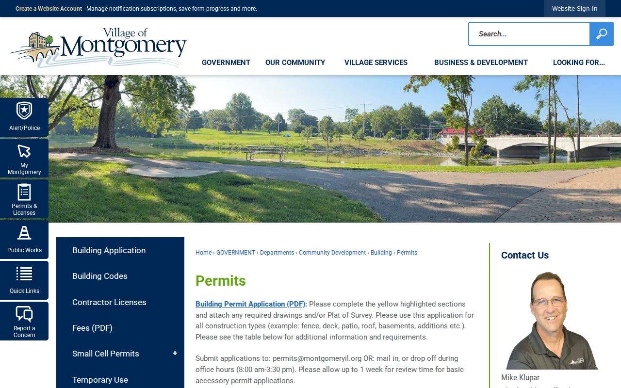 Village of Montgomery permit page with address-based records and monthly logs